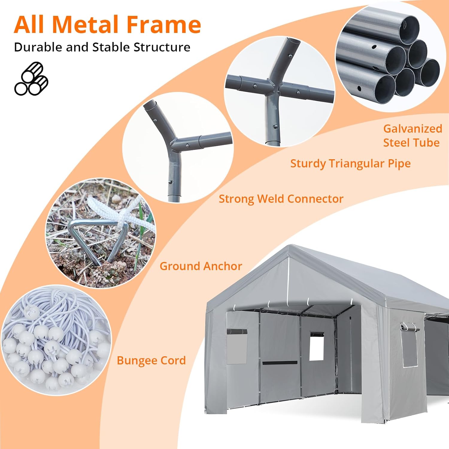 Carport 10×20 FT Portable Garage, Heavy Duty Car Port Canopy with Roll-up Doors & Ventilated Windows, Galvanized Steel Frame, Boat Shelter Tent Waterproof All-Season Tarp for Pickup Truck, Grey