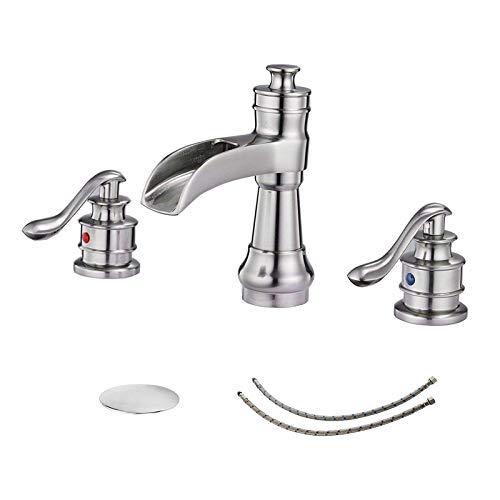 Widespread Bathroom Faucet Brushed Nickel Waterfall 2-Handle with Pop up Drain Stopper Farmhouse Sink Bath Vanity 3 Holes 8-16 Inch Mixer Tap Commercial Supply Line Lead-Free by Homevacious