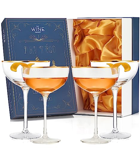 Vintage Crystal Champagne Coupe Gold Rim Glasses | Set of 2 | 7 oz, Gilded Rim Classic Cocktail Glassware - Martini, Manhattan, Cosmopolitan, Sidecar, Daiquiri | 1920s Style Saucer Goblets | Gift Box