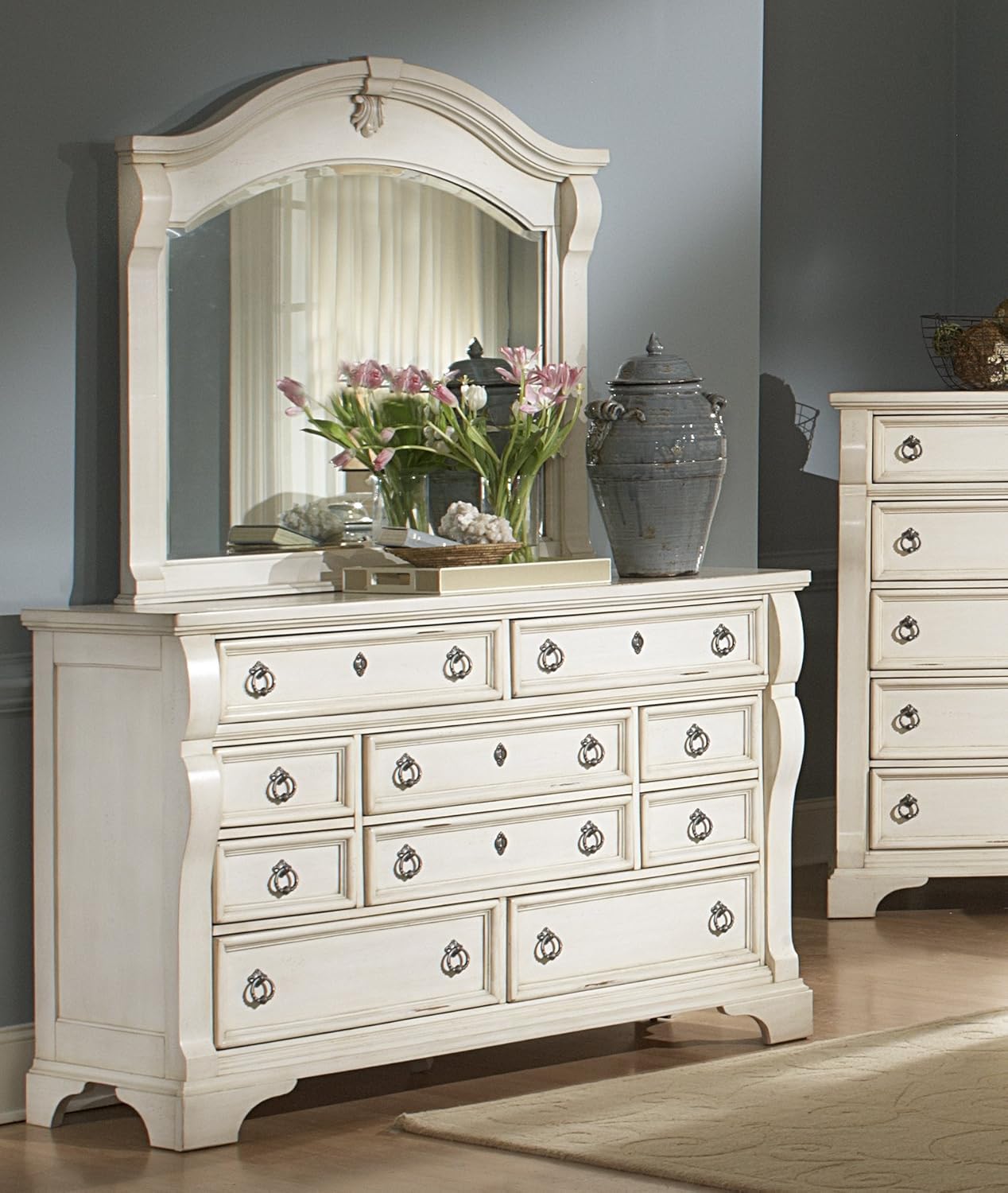 American Woodcrafters Heirloom Black Dresser and Mirror Combo, Antique White