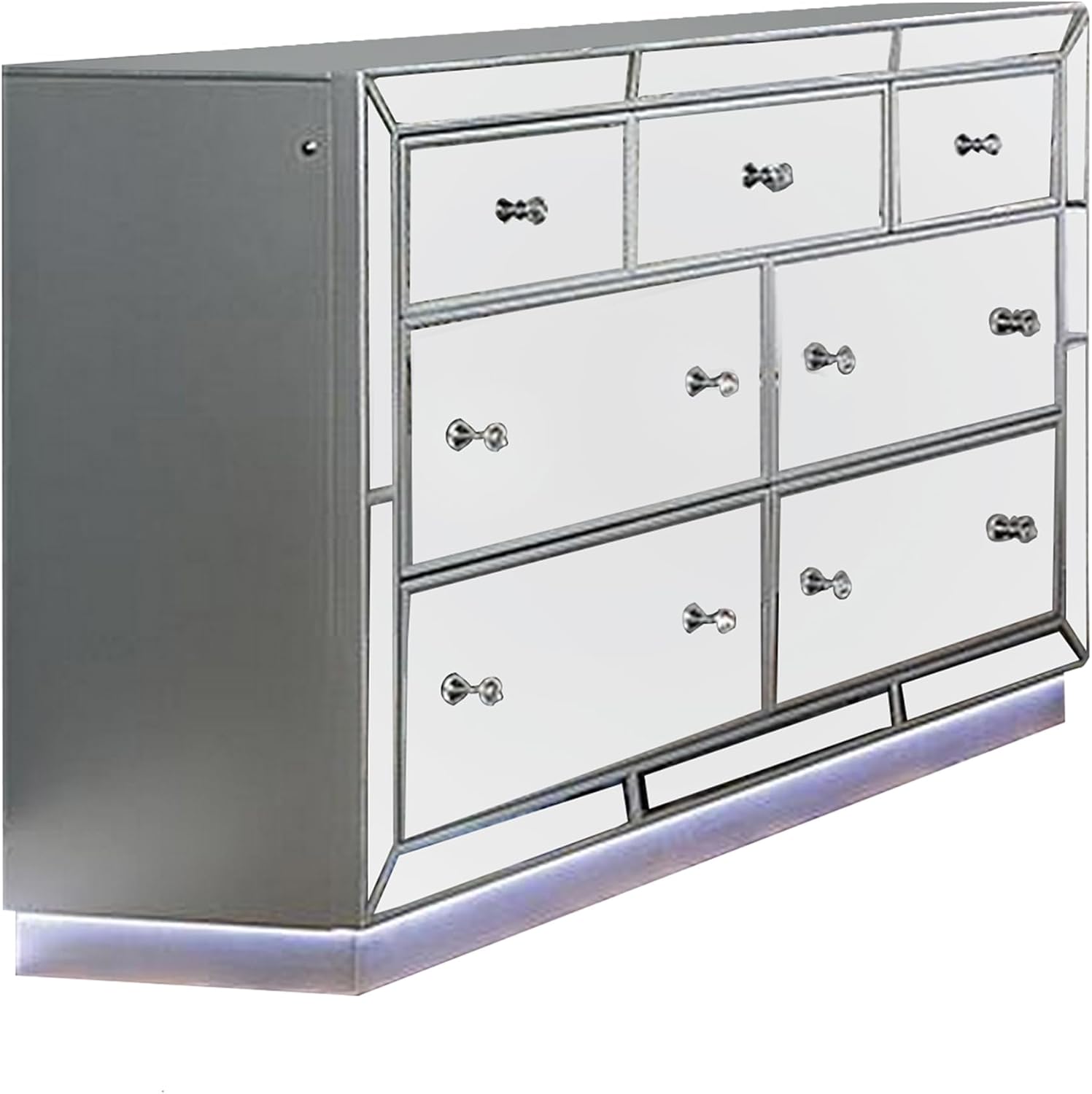 Benjara Donna 64 Inch Wide Dresser Chest, LED Lights, Silver and Mirror Finish