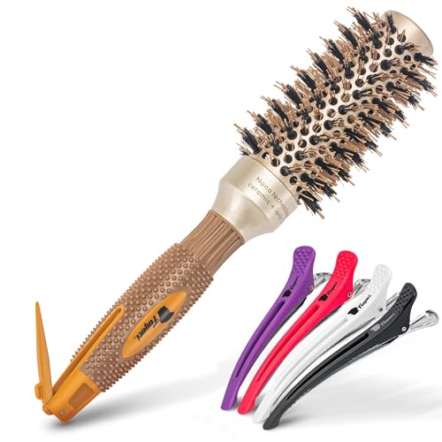 Fagaci Professional Large Round Brush for Blow Drying with Natural Boar Bristle, Round Hair Brush Nano Technology Ceramic+ Ionic for Hair Styling, Drying, Healthy Hair and Add Volume + 4 Styling Clips