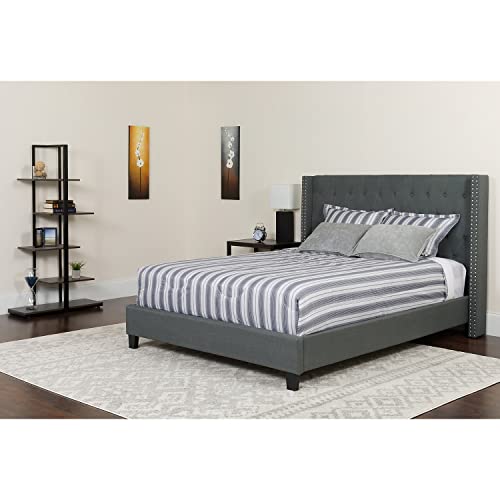 Flash Furniture Tribeca Queen Size Tufted Upholstered Platform Bed in Dark Gray Fabric with Pocket Spring Mattress