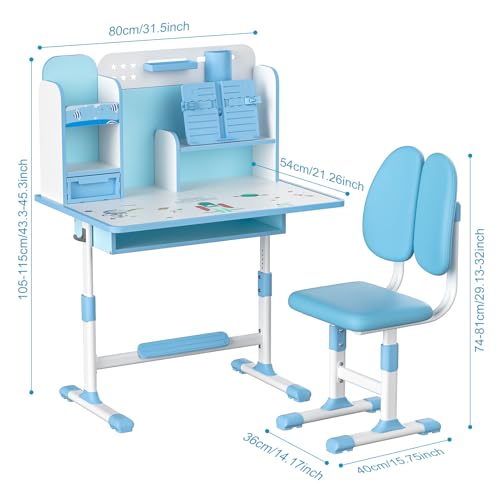 Kids Desk Chair Set,Height Adjustable Children School Study Desk Chair Set,Multifunctional Writing Desk Table with Drawer,Bookstand,Ergonomic Learning Drawing Table for Girl Boy (Blue C)