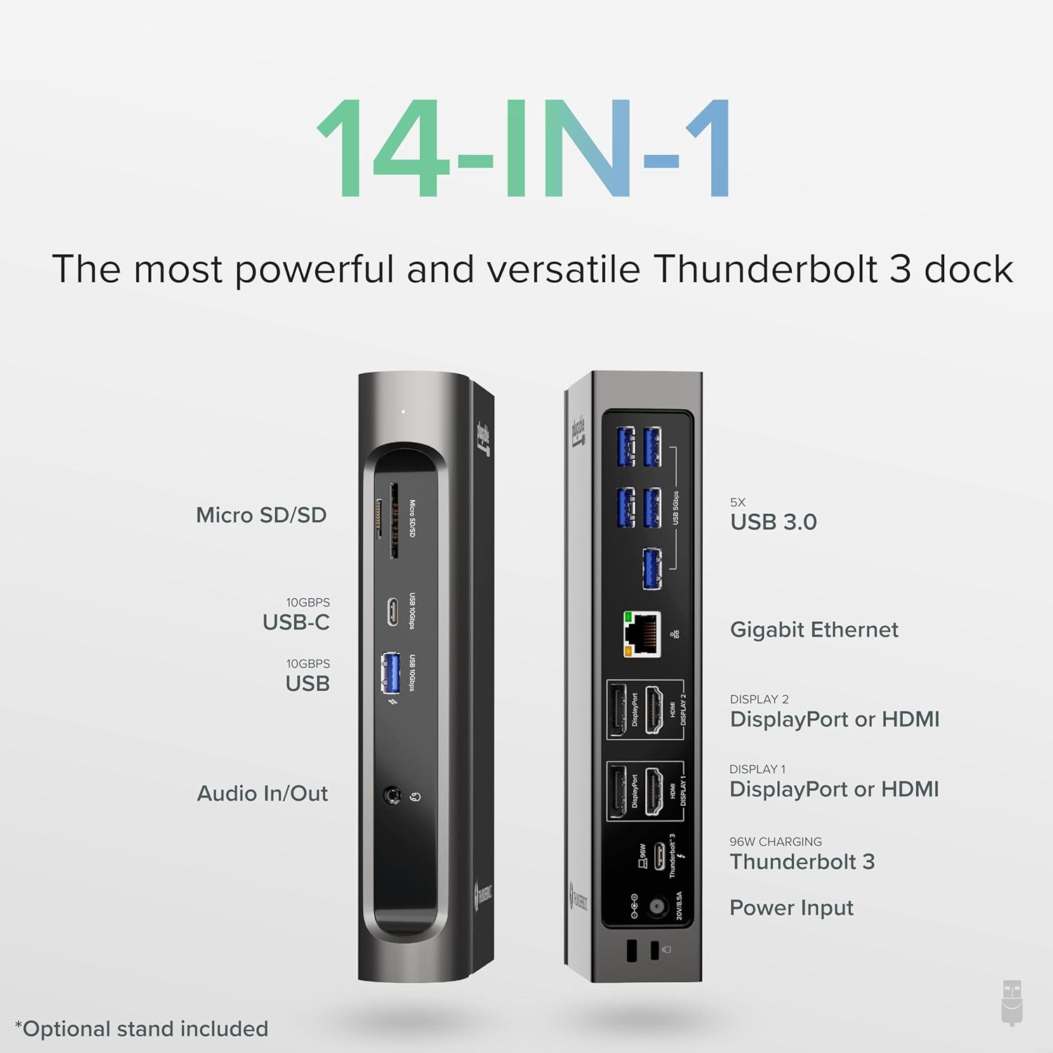 Plugable 14-in-1 USB-C and Thunderbolt Dock - 40Gbps, 96W Charging, Compatible with Mac and Windows, 2X HDMI 2.0 and DisplayPort 4K60, 7X USB Ports, Ethernet, Audio, SD/MicroSD, Certified, Driverless