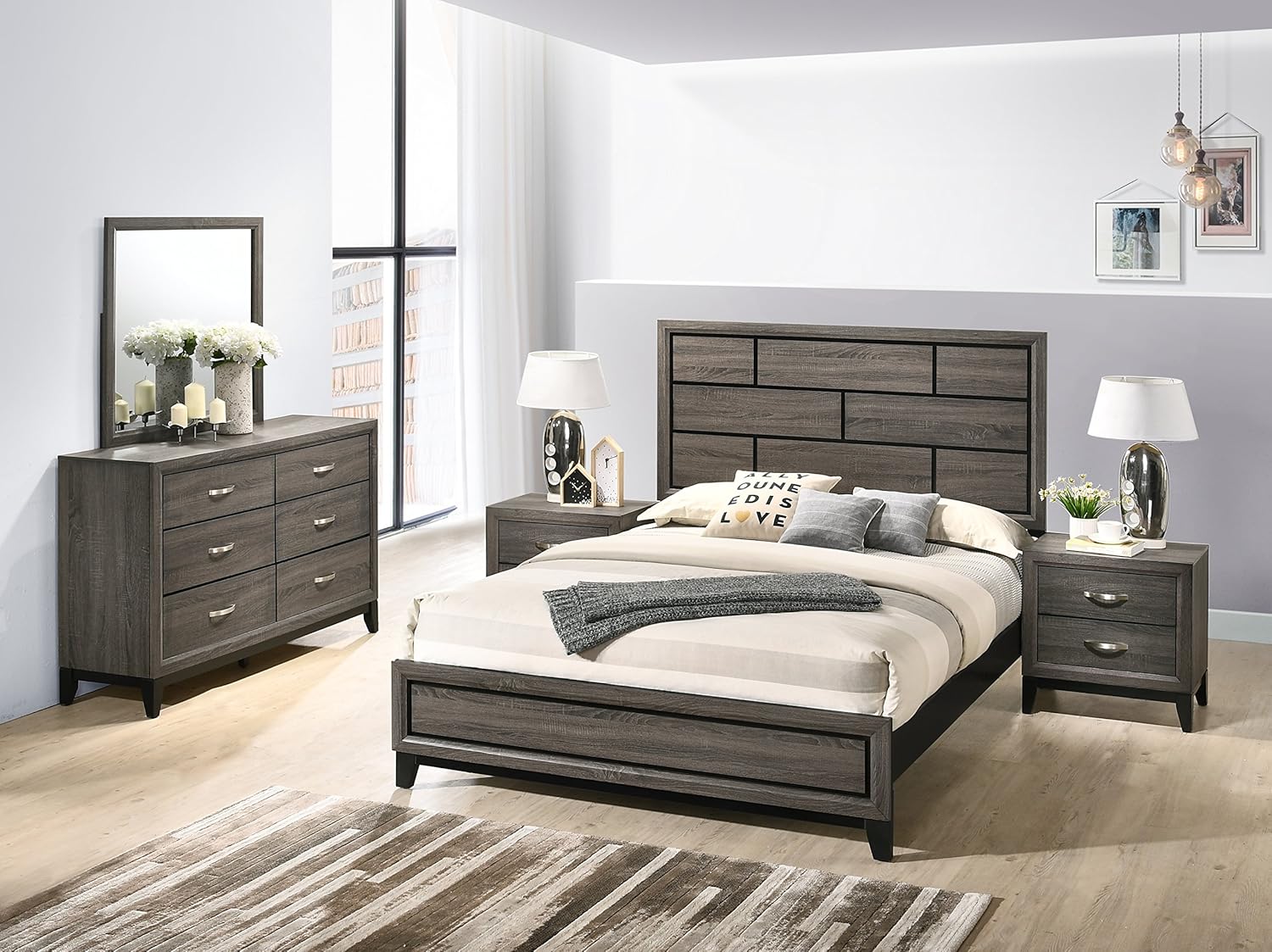 Roundhill Furniture Stout Panel Queen Size Bedroom Set with Bed, Dresser, Mirror, 2 Night Stands, Grey