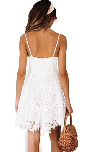 MOOSSIS Womens V-Neck Spaghetti Strap Backless Sleeveless Lace Mini Swing Skater Cocktail Dress