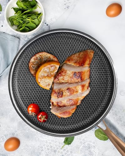 Frying Pans Nonstick, 12 inch Hybrid Non Stick Frying Pan with Lid, Stainless Steel Non Toxic PFOA Free Scratch-resistant Coating Skillets, Dishwasher & Oven Safe Induction Compatible Cookware