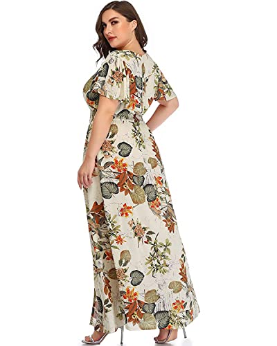 Women's Plus Size Floral Print Button Up Short Sleeve Split Flowy Beach Party Maxi Dress
