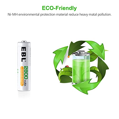 EBL Rechargeable AA Batteries with LCD Battery Charger, 8 Pack of 2800mAh High Capacity Ni-MH AA Rechargeable Battery and Smart Independent Solt Battery Charger