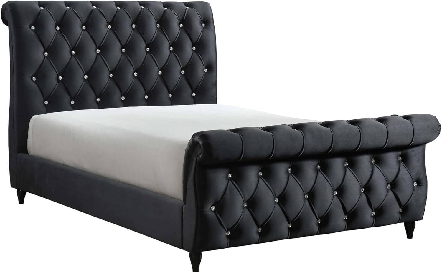 Benjara Ellowen Queen Size Bed, Diamond Tufted Black Upholstery, Panel Headboard
