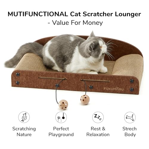FUKUMARU 26 Inch Cat Scratcher Cardboard Lounge Bed, Durable Cat Scratcher Extra Large Lounger, 2 Reversible Cat Scratching Pads Refill for Indoor Cats, Cat Scratch Bed Cardboard Toy, Caramel Color