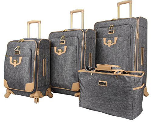 Nicole Miller Designer Luggage Paige Collection - 4 Piece Softside Lightweight Expandable Spinner Suitcases- Set includes 17 Inch Tote Bag, 20 Inch Carry On, 24 Inch & 28 Inch Suitcases (Silver)
