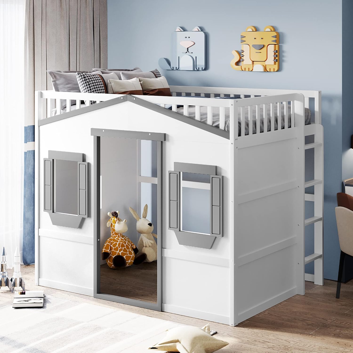 Full Size House Loft Bed with Ladder,Kids Wooden House Bed with Two Side Windows for Girls Boys,Gray+White