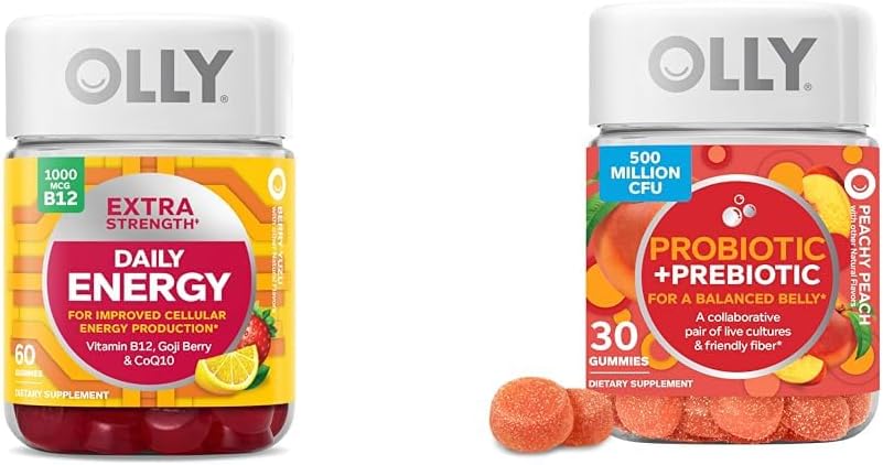 OLLY Extra Strength Daily Energy Gummy, Caffeine Free, 1000mcg Vitamin B12, CoQ10, Goji Berry & Probiotic + Prebiotic Gummy, Digestive Support and Gut Health, 500 Million CFUs, Fiber