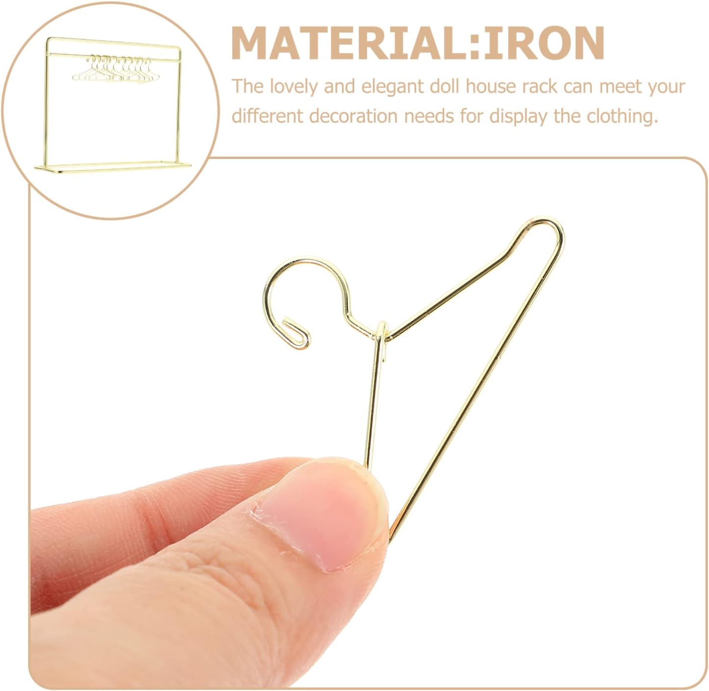 NUOBESTY Doll Hangers Miniature Garment Rack with 10pcs Mini Clothes Hangers Metal Dress Outfit Holders for Closet Wardrobe Dollhouse Furniture Accessories Golden Doll Closet