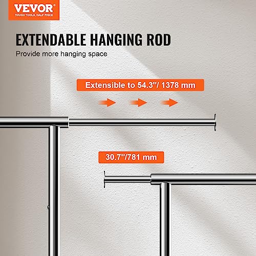 VEVOR Heavy Duty Clothes Rack, Double Hanging Rod Clothing Garment Rack for Hanging Clothes, Adjustable Height and Extendable Length Clothing Rack with Bottom Storage Area, 600 lbs Load Capacity