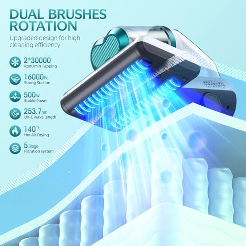 Mattress Vacuum Cleaner Bed Vacuum with 16Kpa Suction 253.7nm UV-C Light, 30000 Rpm/Min Dual Brushroll Rotation & HEPA Filter & Heating & Ultrasonic Tech, 10'' Dual Widened Suction Port, 500W, Corded