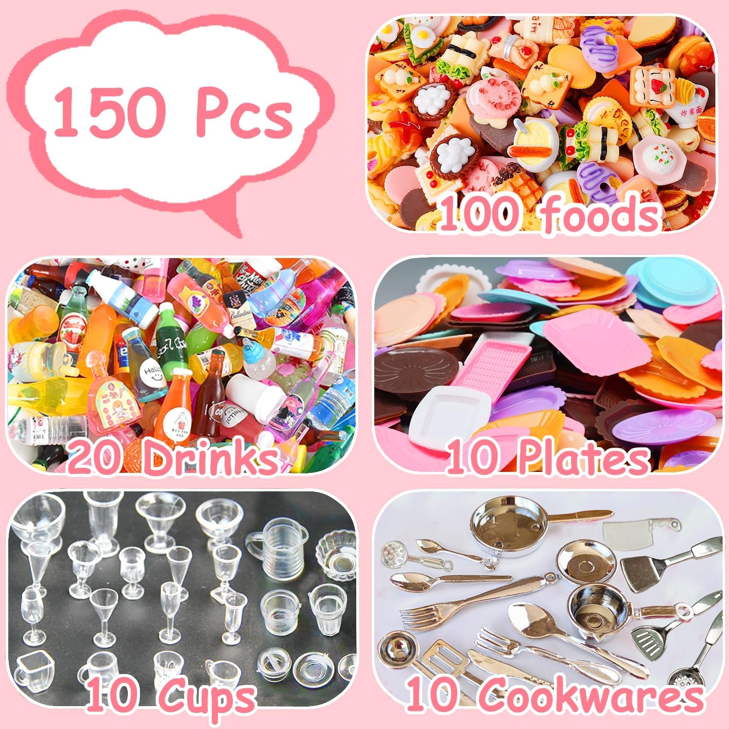 150Pcs Miniature Food Drinks Bottles Dollhouse Accessories 1:12 Mini Stuff Things Toy Set Dollhouse Pretend Kitchen Play Game Tiny Baking Hamburger Bread Ice Cream Cake Tableware