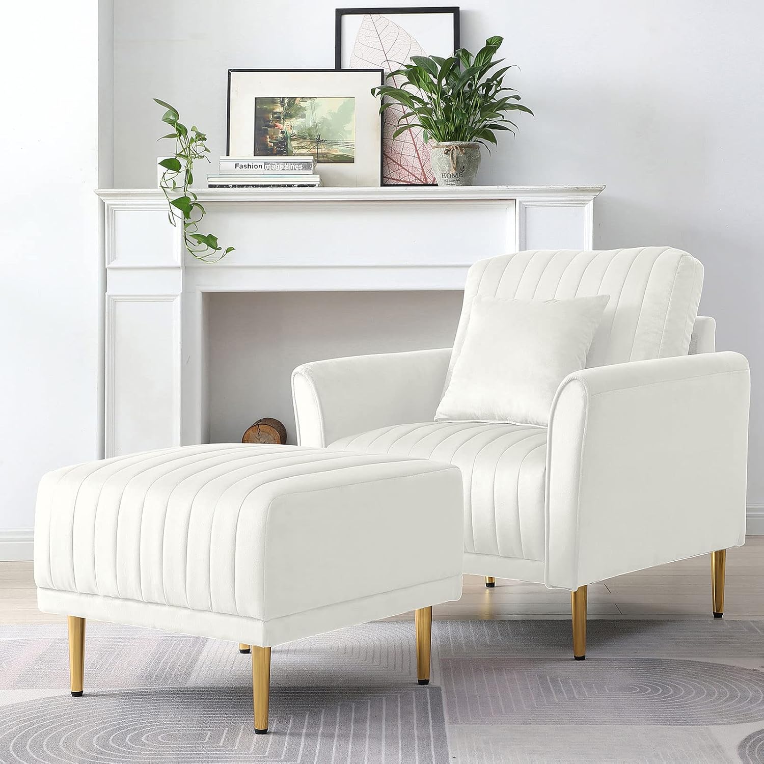 CALABASH Velvet Accent Chair with Ottoman, Comfy Channel Tufted Arm Chair and Footstool Set Modern Upholstered Single Sofa Chair with Gold Legs & Pillow for Living Room, Bedroom, Reading Room(White)