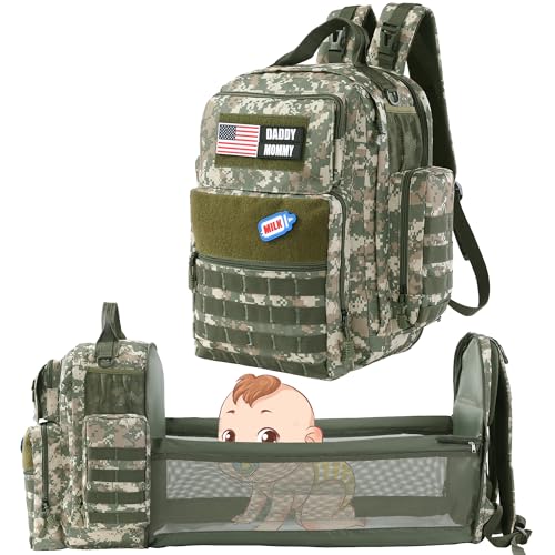 Diaper Bag Backpack for Dad with Changing Station, Expandable Green Camouflage Military Diaper Bag Backpack with Waterproof Changing Pad,Large Tactical Mens Baby Bag,Molle Style Baby Backpack Bag