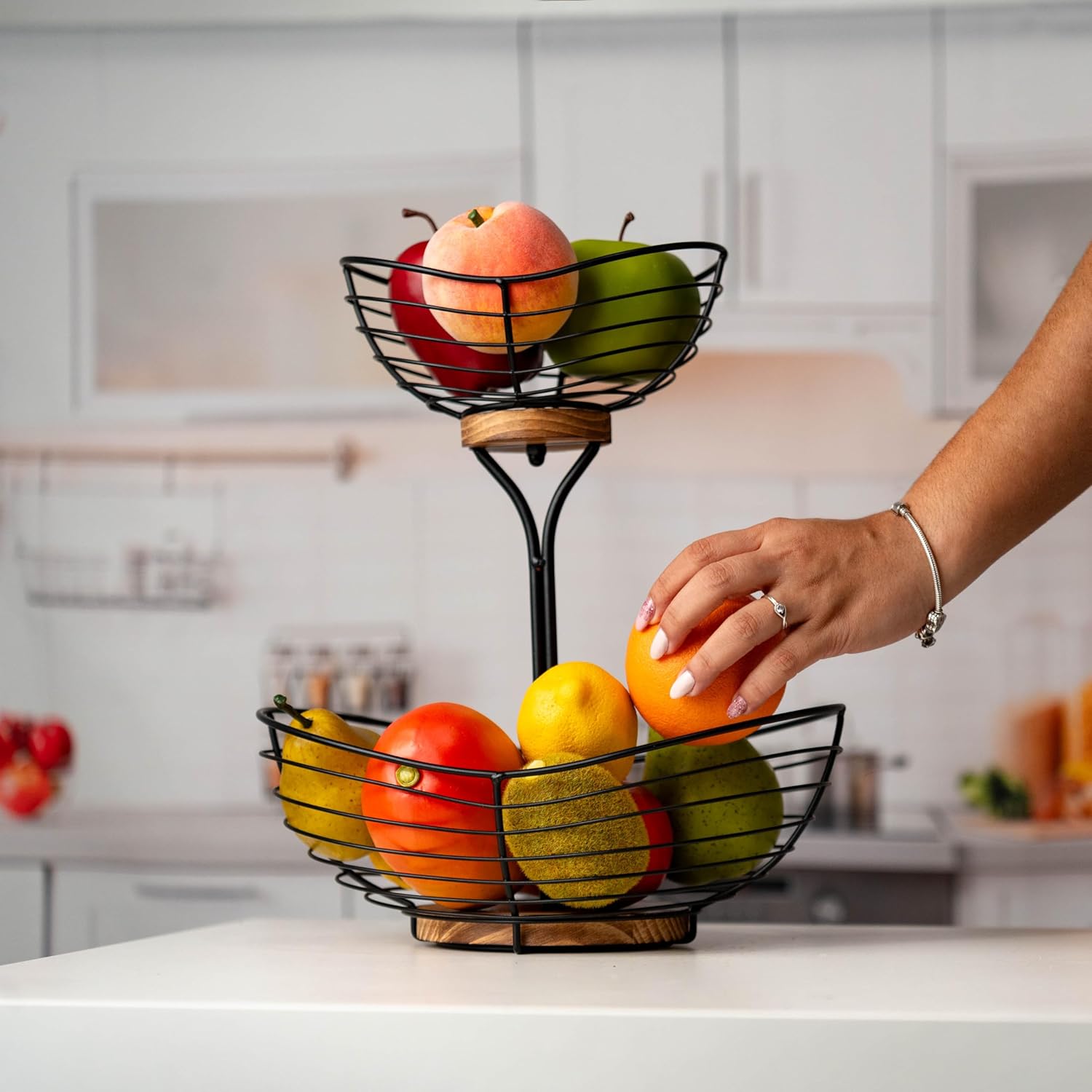 2 Tier Fruit Basket for Kitchen Countertop,Black Metal Wire with Wood Base,Modern Farmhouse Fruit Bowl,Portable Storage Basket for Kitchen and Dining Room,Decor Fruit Basket,Fruit Stand, Fruit bowl.