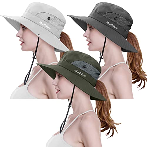 3 Pieces Womens Ponytail Wide Brim Sun Hat Packable UV Protection Beach Cap for Fishing & Hiking