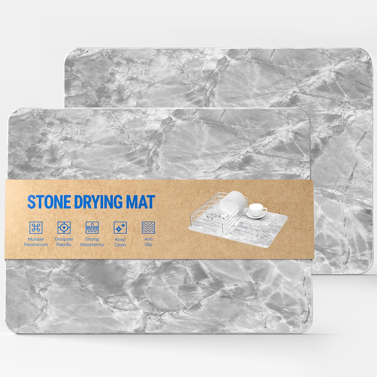 Stone Dish Drying Mat for Kitchen 2 PACK Super Absorbent Fast Drying Counter Marble Stone Mat Kitchen 15.7x11.8 in (2PACK-GRAY)