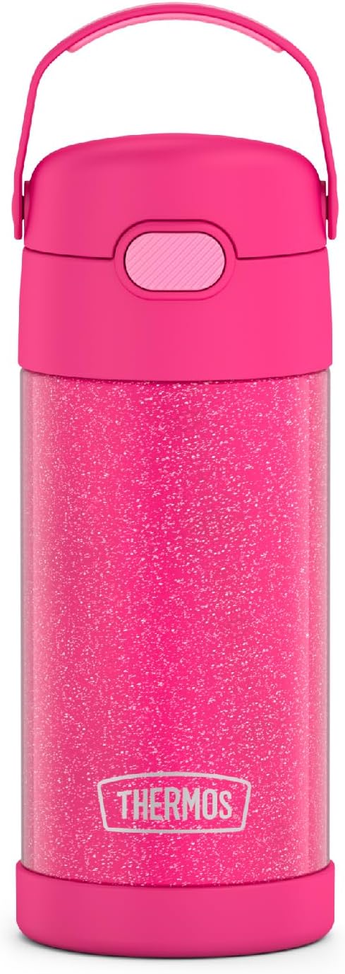 THERMOS FUNTAINER Water Bottle with Straw - 12 Ounce, Pink Glitter - Kids Stainless Steel Vacuum Insulated Water Bottle with Lid