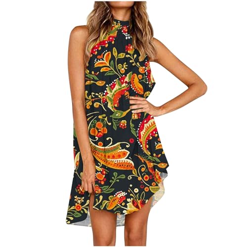 Women's Summer Beach Dresses Sleeveless Halter Neck Party Dress Casual Flowy Mini Sundress Retro Paisley Print Dress