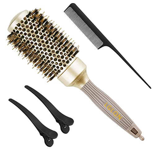 Round Brush for Blow Drying, Round Hair Brush with Boar Bristles, Nano Thermal Ceramic & Ionic Tech, Hair Brush, Large Round Barrel Brush for Styling, Curling, Add Volume & Shine + 2 Clips + 1 Comb