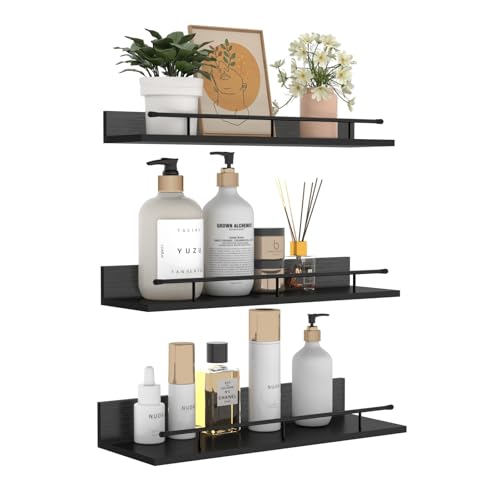 Giftgarden 16 Inch Black Floating Shelves with Black Metal Guardrail, Wood Shelves for Wall Storage Set of 3, Wall shelf for Bathroom Bedroom Living Room Kitchen Nursery