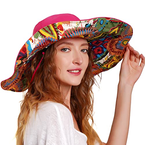 Womens Beach Hat Floppy Reversible Big Sun Hat Wide Brim Fedora SPF Hat UPF 50+