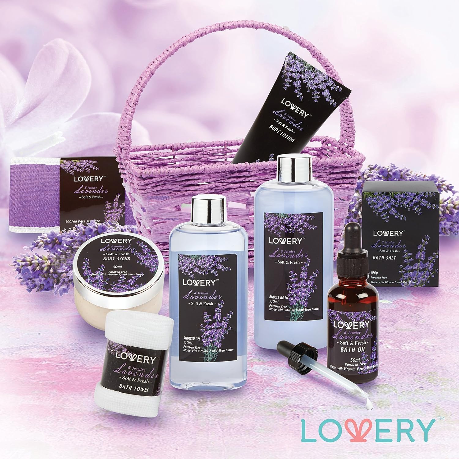 Spa Gift Basket, Luxury 9pc Bath & Body Set For Women & Men, Lavender & Jasmine Scent With Shower Gel, Bubble Bath, Lotion, Bath Salt, Body Scrub, Massage Oil, Loofah & Basket