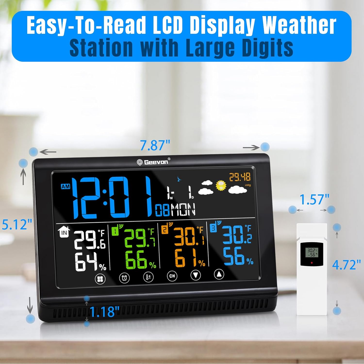 Geevon Indoor Outdoor Thermometer Weather Station with 3 Remote Sensors, Digital Hygrometer Indoor Thermometer, Temperature Humidity Monitor Gauge（Black+Wooden）