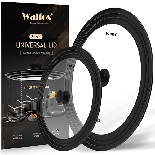 Walfos Universal Pan Lid - Pot Lid for Pots, Pans and Skillets, with Unique Enlarged Heat Resistant Silicone Rim and Tempered Glass, Fits 8