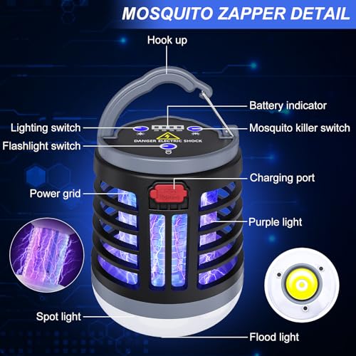 2 Pack Solar Bug Zapper Outdoor 3 in 1 Mosquito Zapper Killer USB Rechargeable Camping Light, Waterproof Portable Gnats Flying Trap for Outdoor & Indoor Led Lantern for Home, Camping, Backyard, Patio