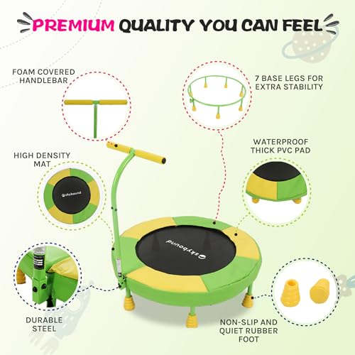 SkyBound 36 Inch Indoor Trampoline for Kids - Kids Trampoline Indoor with Handle - Toddler Trampoline with Upgraded 2.0mm Steel Pipe and Handlebar - Mini Indoor Trampoline for Kids Age 3 and Above