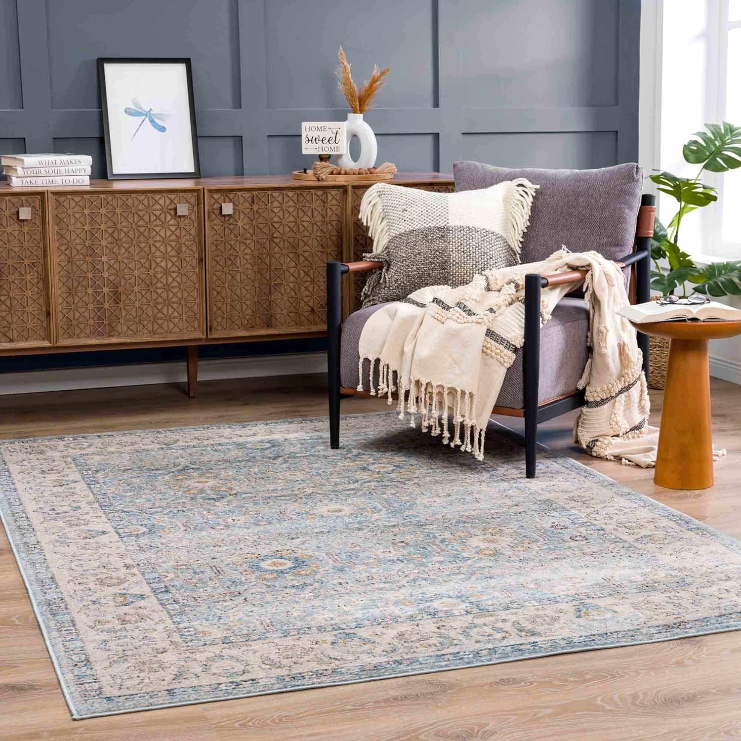 Hauteloom Anana Oriental Persian Living Room, Bedroom Area Rug - Traditional Bordered Bohemian Boho Carpet - Blue, Beige, Gray, Cream - 5'3