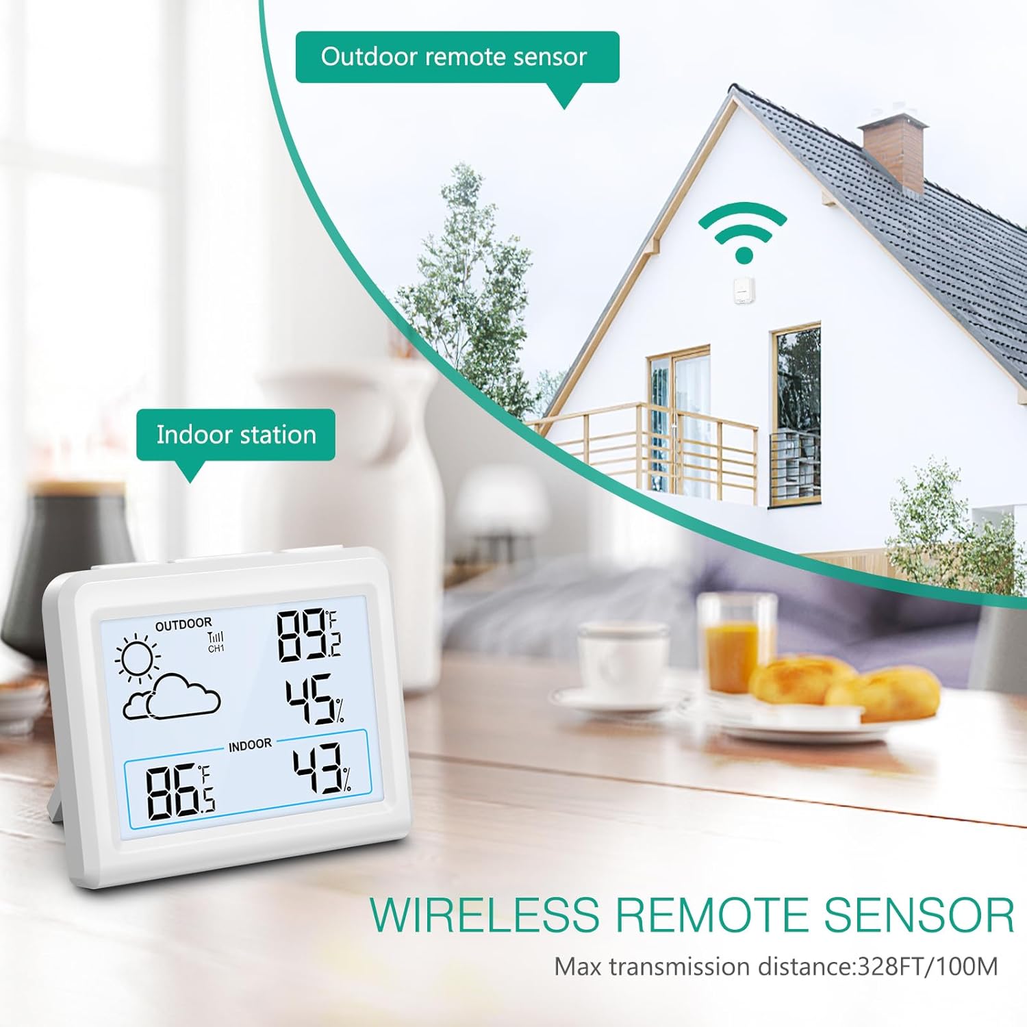 ORIA Indoor Outdoor Thermometer, [New Version] Wireless Weather Station for Home, Temperature Humidity Monitor with 328ft/100m Range Sensor, Weather Forecast, Max/Min Value, for Bedroom, Office