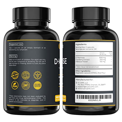 Urinary Tract Infection Treatments D Mannose 1000mg Capsules - D-Mannose & Cranberry Pills with Hibiscus Extract - Strength Urinary Tract Health