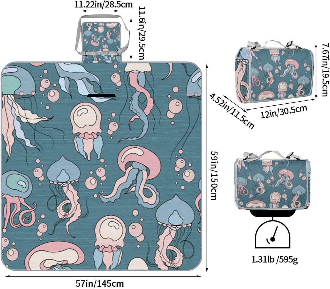 Picnic Blankets 57”x 59”, Colorful Jellyfish Print Waterproof Sandproof Picnic Mat Lightweight Foldable Beach Blanket for Camping Park Grass Beach Outdoor Blanket