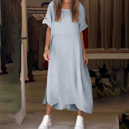 Womens Summer Dresses 2024 Vacation Summer Tshirt Dresses Trendy Spring Linen Cotton Short Sleeve Maxi Sundresses