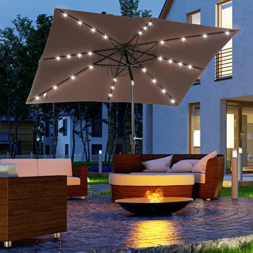 Outsunny 9' x 7' Solar Umbrella, LED Lighted Patio Umbrella for Table or Base with Tilt & Crank, Outdoor Umbrella for Garden, Deck, Backyard, Pool, Beach