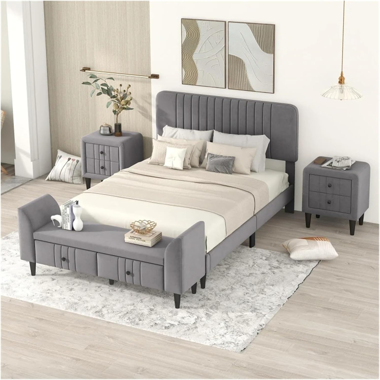 Bed, Gray 4-Pieces Bedroom Sets Full Size Upholstered Platform Bed w/Two Nightstands and Storage Bench,Compatible with Indoor Bedroom Furniture, Er658-058