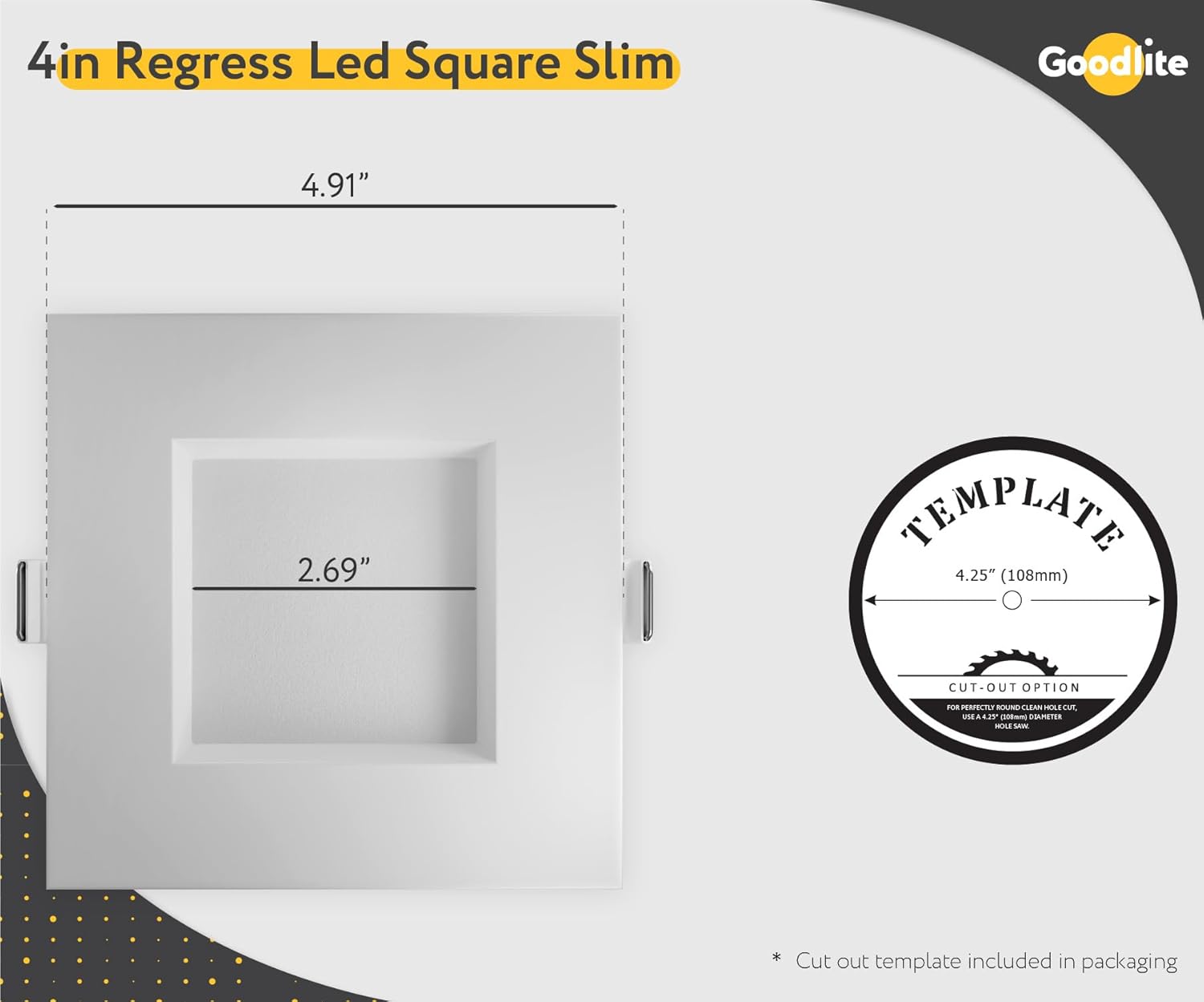 Goodlite 4 Inch LED Regress Square Slim Ceiling Light with Junction Box, Dimmable IC Rated, 15W 150W Equal 1200 Lumens, Selectable Color Temperature 27k,30k,35k,41K, and 5000K,