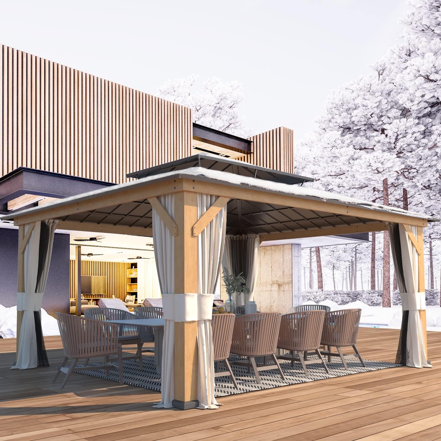 EROMMY 13'x15' Wood Gazebo, Outdoor Hardtop Gazebo Pavilion with Netting and Curtains, Spruce Wooden Frame Double Roof Metal Canopy for Patio Backyard Deck Garden