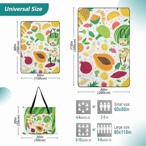 Cartoon Fruit Pattern Picnic Blankets - Extra Large Waterproof Foldable Portable Picnic Blanket, 80''x118'' Beach Blanket Outdoor Mat for Grass Park, Hiking, Travel