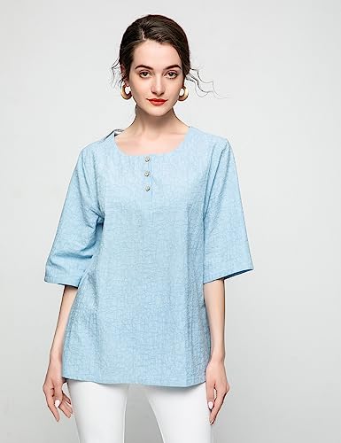 Minibee Women's 3/4 Sleeve Cotton Linen Jacquard Blouses Top T-Shirt