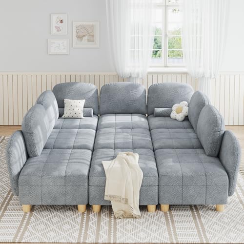 LLappuil Modular Sectional Couch, Convertible Sleeper Sectional Sofa for Living Room 6 Seater Sofa in Cozy Removable Covered Teddy Velvet Fabric,with Coffee Table Ottoman (Beige)